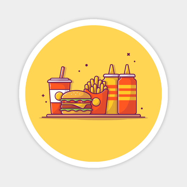 Burger, French fries And Soft Drink With Mustard And Sauce Cartoon Magnet by Catalyst Labs